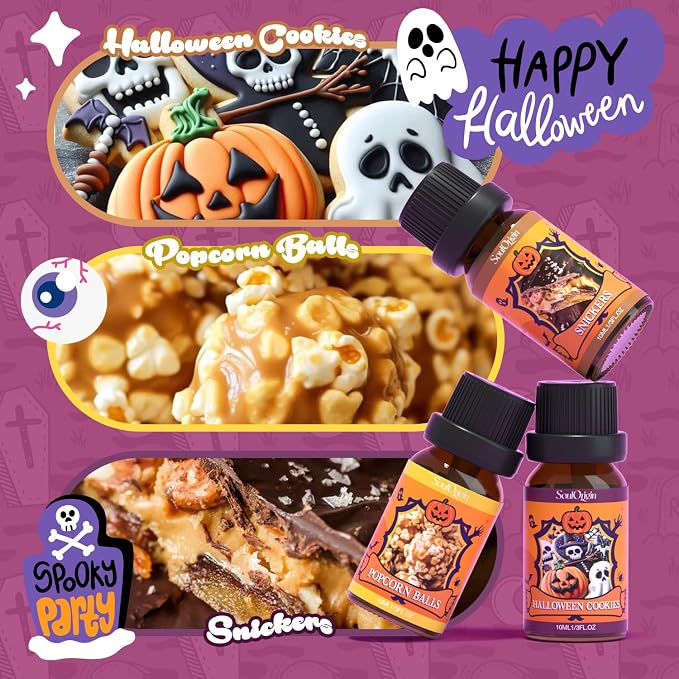 Soulorigin Halloween Fragrance Oils Set, Essential Oil for Diffuser, Diffuser Oil, Use for Soap Candle Making,Caramel Apples, Pumpkin Pie, Candy Corn, Halloween Cookies, Popcorn Balls, Snickers Bars
