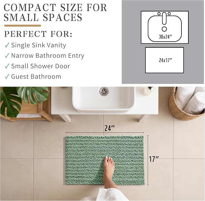 Yimobra Bathroom Rugs Non Slip Washable - Ultra Soft Absorbent Chenille Bath Mat, Quick Dry Shaggy Floor Carpet for Tub Shower, Green Home Decor Accessories, 24x17 Inch