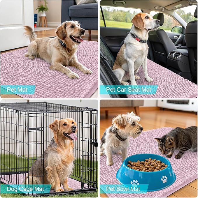 OLANLY Dog Door Mat for Muddy Paws 47x20, Absorbs Moisture and Dirt, Absorbent Non-Slip Washable Doormat, Quick Dry Chenille Mud Mat for Dogs, Entry Indoor Entryway Carpet for Inside Floor, Dusty Rose