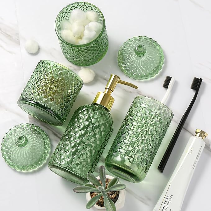 RYTOXILO Green Bathroom Accessories Set, 4 Pack Olive Green Bathroom Decor Accessory Sets Complete, Diamond Glass Soap Dispenser and Toothbrush Holder Set for Bath Counter Organizer Essentials