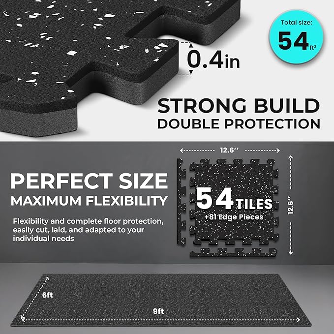 bemaxx Gym Mats Set - 54 pcs EVA Interlocking Foam Floor Tiles (12.6"x12.6"x0.4") 54sqft Protective Gym Flooring Sports Home Workout Exercise Mats Puzzle Garage Fitness Play-Room Pool Treadmill Bike