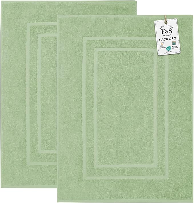 Feather & Stitch 2 Piece Towel Like Bath Mats (30x21 Inch) 100% Cotton Terry Bath Mats, Bathroom Shower Floor Mats [NOT A Bathroom Rug], Soft Absorbent Washable Mats - Pastel Green