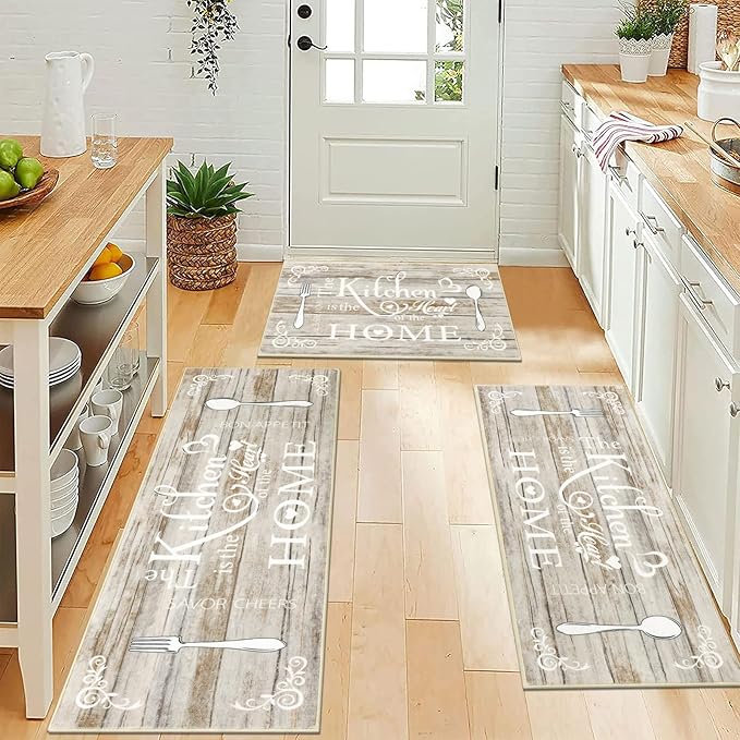 Vaukki Boho Kitchen Rug Sets 3 Pieces, Washable Kitchen Mats for Floor, Non Slip Soft Kitchen Area Rug Floor Mat for Kitchen, Laundry Room and Hallway (Light Brown, 20''x32''+20''x47''+20''x59'')
