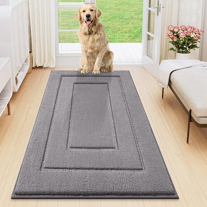 Smiry Dog Door Mat for Muddy Paws, Absorbs Moisture and Dirt, Low-Profile Entryway Mat with Non-Slip Backing, Entry Indoor Outdoor Doormat for Inside Floor (47x24 Inches, Grey, Bordered)