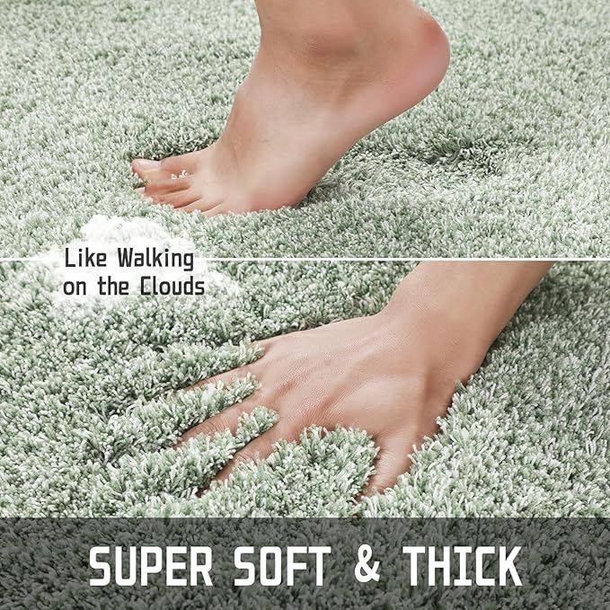 Yimobra Toilet Rugs U Shaped Washable 24X20, Ultra Soft and Water Absorbent Bath Mats, Non Slip Fluffy Shaggy Luxury Microfiber Contour Bath Rugs for Toilet, Dry Quick, Light Green and White
