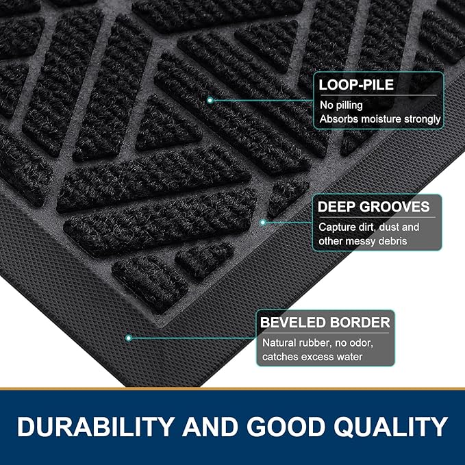 Smiry Front Door Mat Outside Entrance, Heavy Duty Sturdy Natural Rubber Doormat, Trap Dirt and Moisture, Easy Clean Low Profile Mats for Indoor Outdoor Entry, Grid Geometric (47x32, Black)