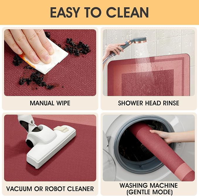 ACCUMTEK Non Slip Bath Mat, Thin Bathroom Rugs Fit Under Door, Quick Dry Bath Mats, Machine Washable Bath Rugs for Bathroom, Bathtub & Kitchen, Red/Bordered/24 x17
