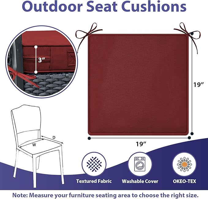IPYNBAP Outdoor Chair Cushions Set of 4 -Waterproof Outdoor Seat Cushions for Patio Furniture, Patio Chair Cushion with Handle and Ties, Out Door Chair Pads,19x19x3-Square, Burgundy