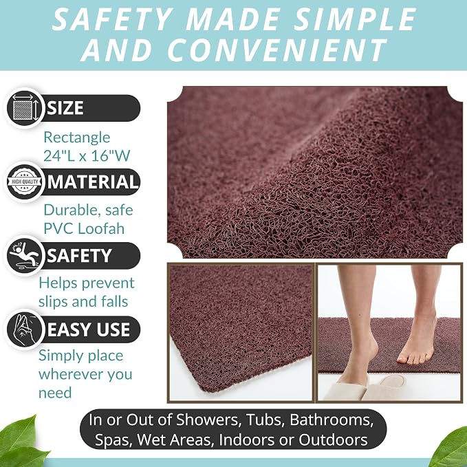 ENKOSI Loofah Non-Slip Shower Mat & Bath Mat – Soft Cushioned Comfort – No Suction Cups for Textured Tubs – Fast Draining Safety for Inside Shower, Family & Elderly (24x16 Brown)