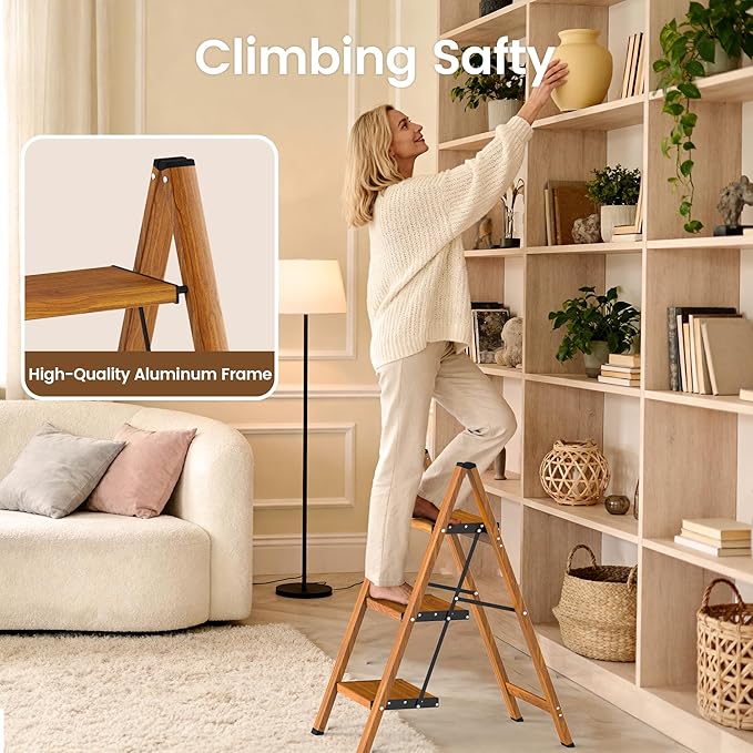 HBTower Step Ladder,Lightweight Aluminum Folding Step Stool with Anti-Slip Wide Pedal,330lbs Capacity Step Ladder for Household,Kitchen,Office - Woodgrain