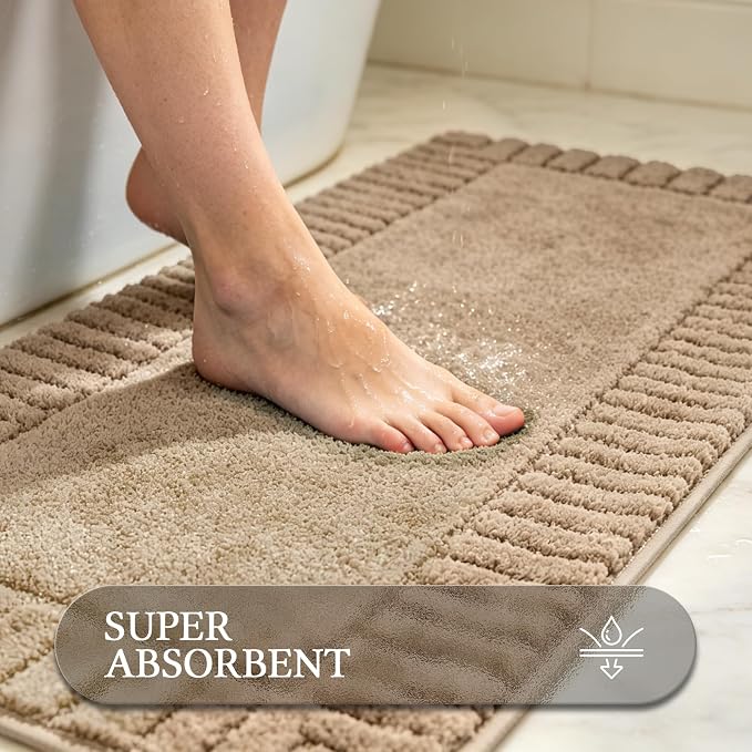Pauwer Bathroom Rugs Sets 3 Piece Non Slip Machine Washable Bathroom Shower Rugs with U-Shaped Contour Toilet Mat Plush Shaggy Absorbent Microfiber Bath Mat Set, Khaki
