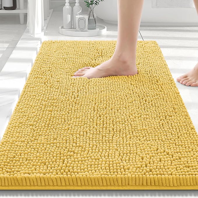 Smiry Luxury Chenille Bathroom Rugs 30x20, Extra Soft and Absorbent Shaggy Bath Mat, Machine Washable, Non-Slip Plush Carpet Runner for Tub, Shower, and Floor, Home Decor Accessories, Yellow