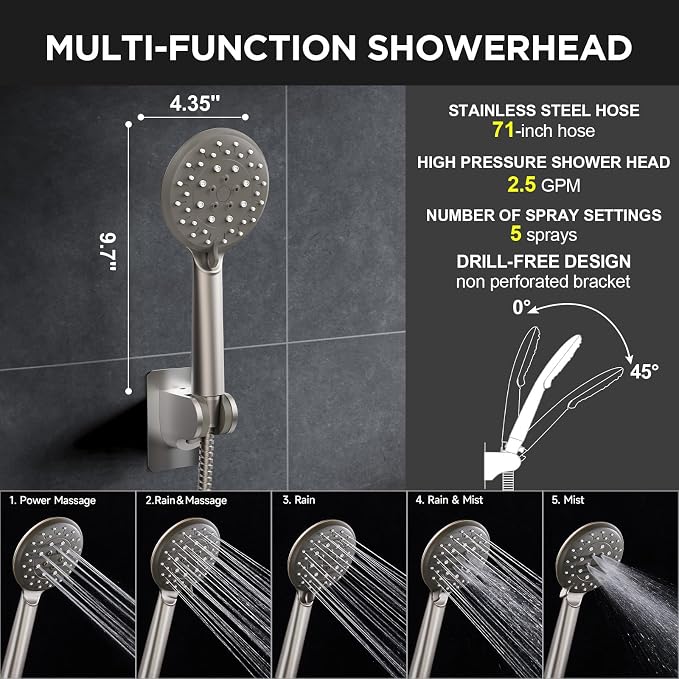 Veken 11.8" Rain Shower Head with Handheld, High Pressure Handheld Shower with Multi Spray Modes, Rainfall Combo with Metal Extension Arm, Detachable Dual Showerhead, Bathroom Decor, Starlight