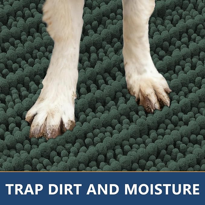 Smiry Dog Door Mat for Muddy Paws 30x20, Absorbent Dirt Trapper, Non-Slip Washable Chenille Entryway Rug for Inside Floor, Green, Layered Pattern