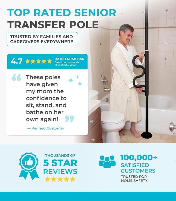 Stander Wonder Pole Plus with Rotating Double Grab Bar, Tension Mounted Security Pole for Seniors & Elderly Adults, No-Drill Floor to Ceiling Transfer Pole for Home & Bath Safety, Black