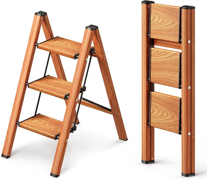 3 Step Ladder, Folding Step Stool with Anti-Slip Wide Pedal, Aluminum Material Lightweight Yet Sturdy, 300 Lbs Load, Cute Modern Apperance for Indoor Household Spaces