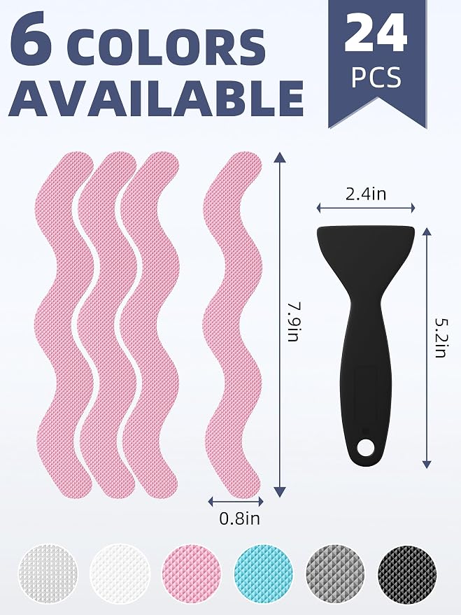 Secopad Patented Anti Slip Shower Stickers, 24PCS Adhesive Decals Safety Strips with Scraper for Bath Tub, Shower Floor, Stairs, Pink, 0.8"*8"
