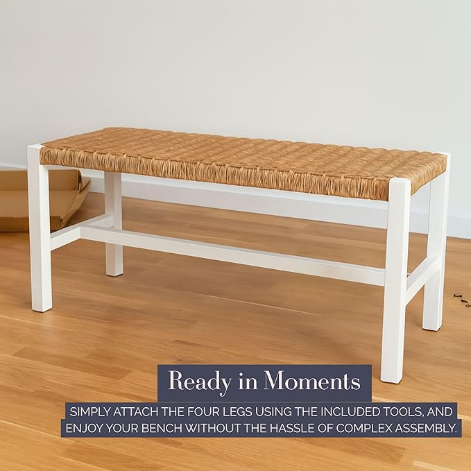 Alaterre Furniture Newport 40 Inch Solid Wood Entryway Bench - Modern Farmhouse Indoor Decorative Bench with Handcrafted Woven Rope Seat - Furniture for Entryway, Dining Room, or Kitchen (White)