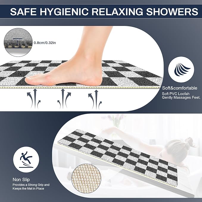 BLESWIN Non Slip Loofah Shower Mats 24"x16", Quick Drying Bath Mat for Bathroom Floor, PVC Bath Mat for Inside Shower, Soft Textured & Elderly Safe, Black Checkered