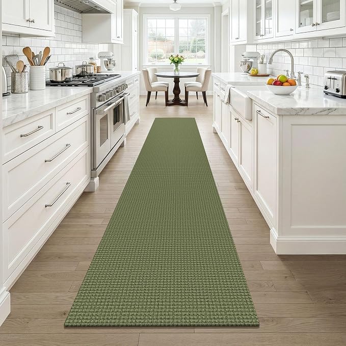 KOZYFLY Cotton 2x12 Runners Rugs for Hallway, Long Washable Runner Rug, Woven Non Slip Kitchen Runner, Braided Entryway Rug, Floor Carpet for Entry, Aisle, Hall, Olive Green/Earthy Green