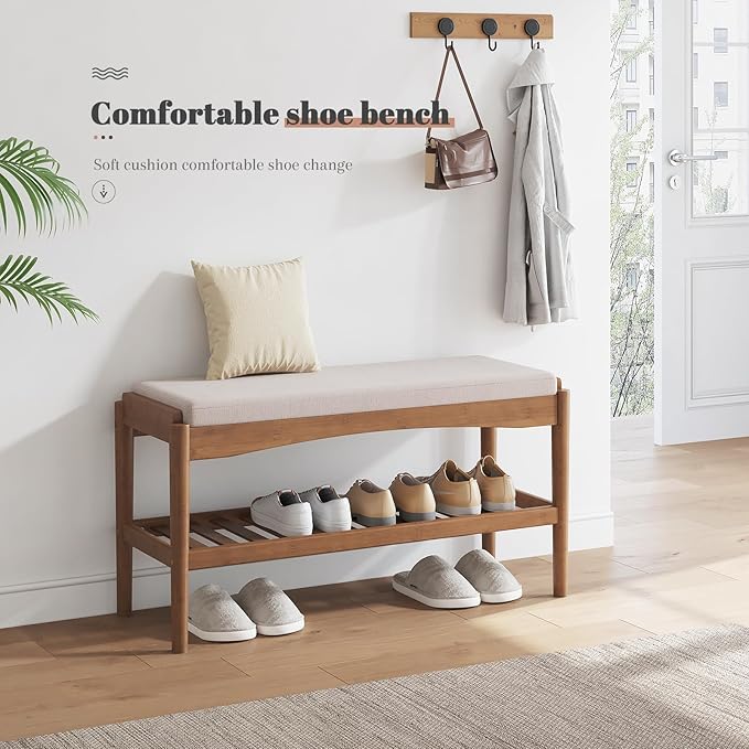 STDDRE Shoe Bench Entryway Bamboo 2-Tier Shoe Rack with Cushion Padded Seat Shoe Bench Organizer Stable for Entry, Hallway, Living Room, Bedroom, Closet (31.5 * 11.4 * 16.5IN, Brown-Beige)