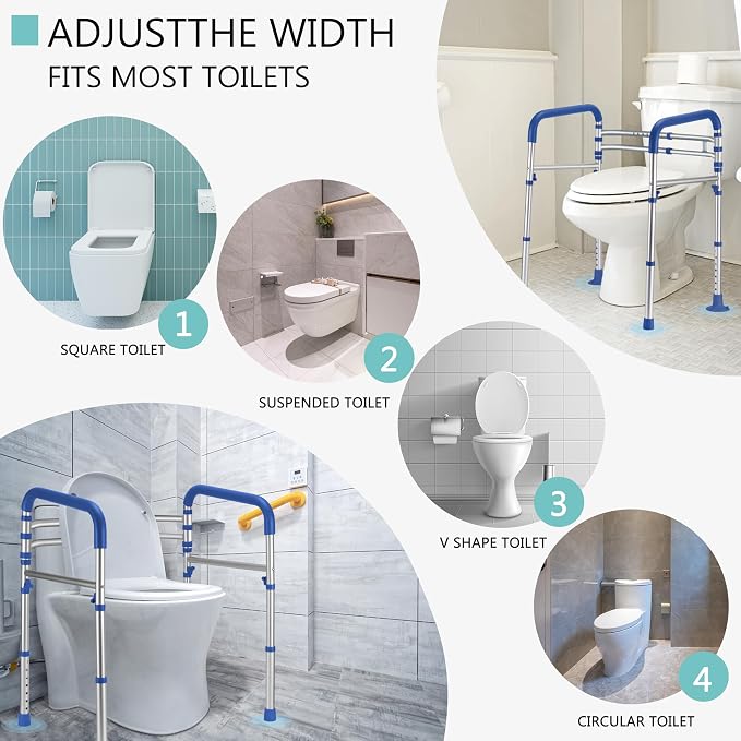 Lianjindun Toilet Safety Rails (350 lb), Adjustable Toilet Frame for Elderly, Seniors, Handicap & Disabled, Foldable Handicap Toilet Handles Fit Any Toilets（Dark Blue）