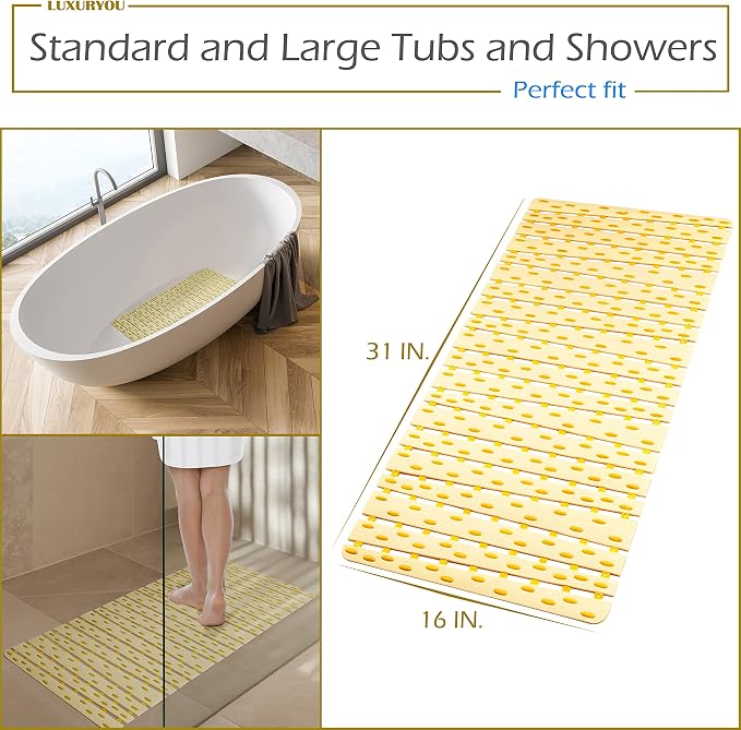 Bathtub Mat Non Slip | Double-Layered Shower Mats With Suction Cups | Improved Drainage, EZ-Dry, Premium Grip Tub Mat | Extended 16x31in. | Non-Toxic, BPA, Latex, Phthalate, PVC Free (Mimosa)
