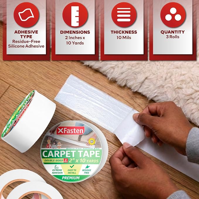XFasten Double Sided Carpet Tape - 2” x 10yd (3-Pk) Bulk Double Sided Rug Tape for Carpet, Indoor Outdoor Carpet Tape for Area Rugs over Carpet, Strong Adhesion Carpet Binding Tape for Hardwood Floors