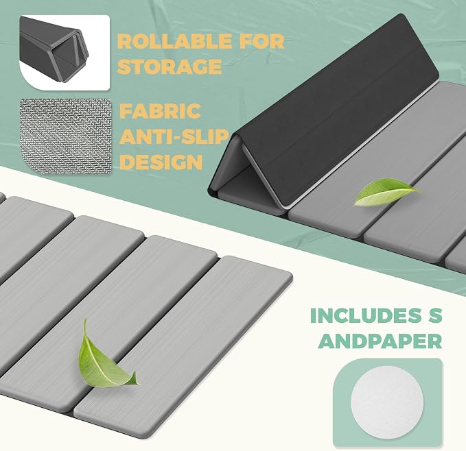 SYIPO Stone Bath Mat - Non-Slip Foldable Diatomite Bath Mat 23.6 x 15.3”, Super Absorbent & Quick Drying Bathroom Mat | Easy to Clean Shower Floor Mat, Light Gray