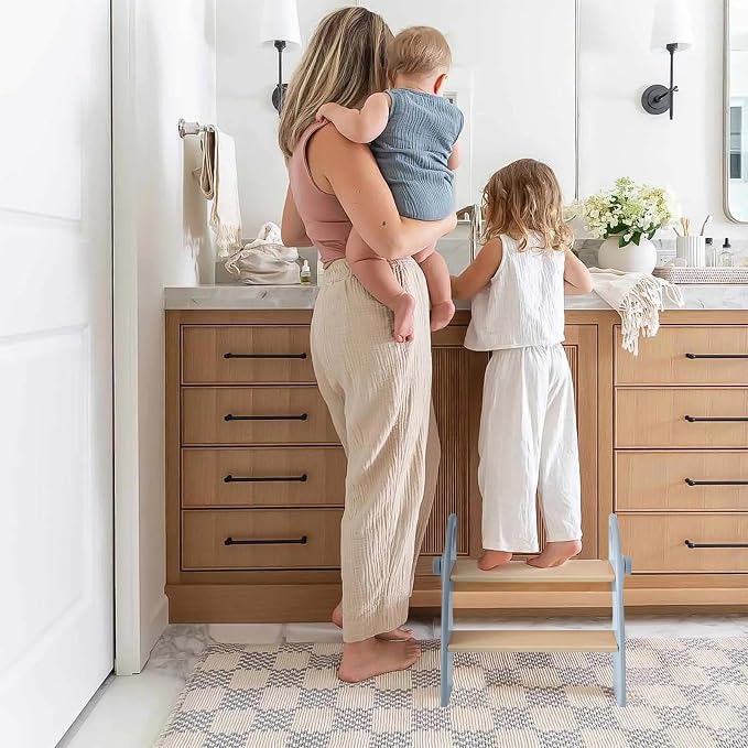 Wooden 2 Step Stool for Kids Bathroom Sink Foldable Anti-Slip 2-Step for Toilet Potty Training, Child Stepping Stool for Kitchen Nursery Bedroom, Sturdy Non Slip Adult Stool for Closet Blue