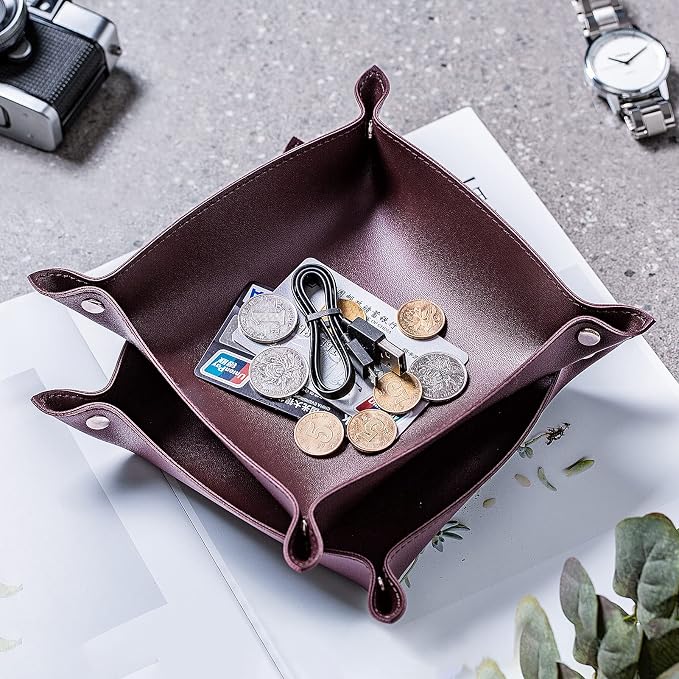 Leather Jewelry Valet Tray for Women and Man, Portable Entryway Table Tray Bedside Nightstand Desk Tray Small Catchall Travel Dish Plate for Key,Wallet,Watch,Coin(8x8, Deep Brown-B)