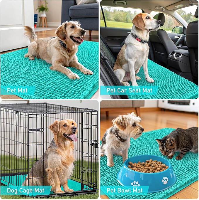 OLANLY Dog Door Mat for Muddy Paws 34x21, Absorbs Moisture and Dirt, Absorbent Non-Slip Washable Doormat, Quick Dry Chenille Mud Mat for Dogs, Entry Indoor Entryway Carpet for Inside Floor, Teal