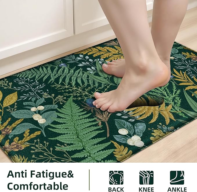 Dark Green Botanical Kitchen Rugs Set of 2 Plant Leaf Anti-Fatigue Kitchen Mat Natural Comfort Standing Waterproof PVC Mats 2/5" Thick Leather Carpet for Laundry Office Sink(17.3" x28" + 17.3" x 47")