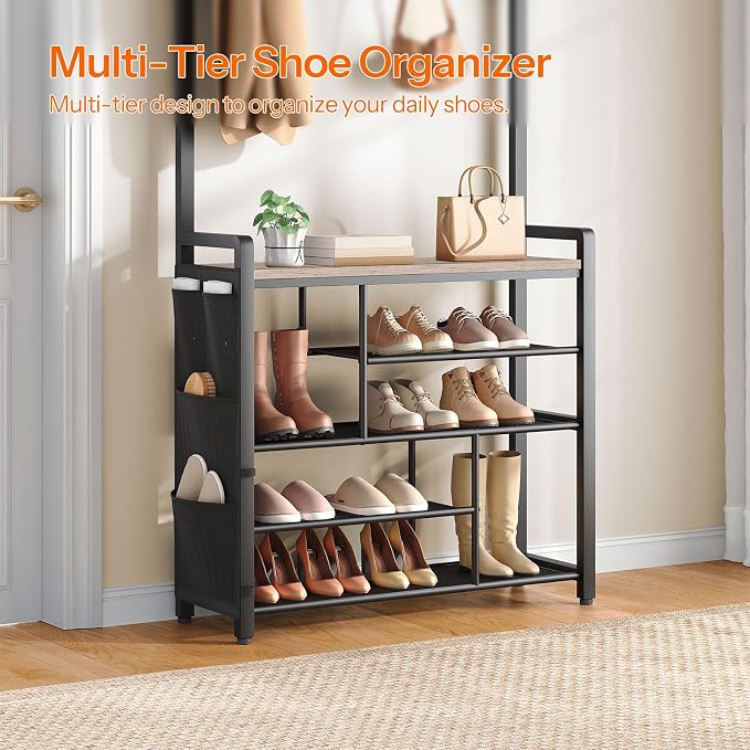 HOOBRO Hall Tree with Bench, Shoe Rack with Coat Rack, 39.4" Coat Rack with Shoe Storage, 5 Tier Shoe Storage Organizer, Oxford Fabric Side Pockets, Coat and Shoe Rack Entryway, Greige BG46MT01