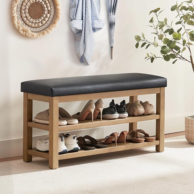 Zihanhome Shoe Rack Bench with Leather Cushion, 2 Tier Solid Wood Storage Bench, Mid-Century Modern Shoe Bench for Entryway, Hallway, Closet, Front Door Entrance, Foyer (Black, 39.4")