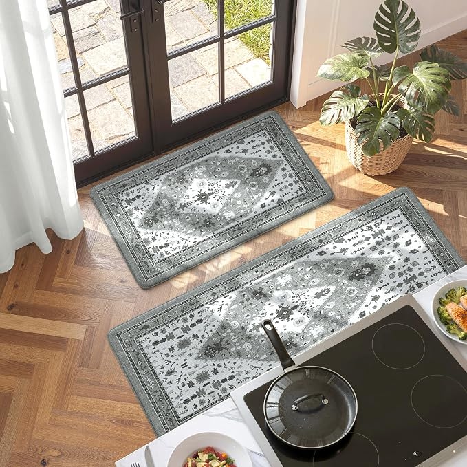 Collive Boho Kitchen Rugs and Mats 2PCS, Cushioned Anti Fatigue Kitchen Mats for Floor Waterproof Non Slip Comfort Foam Standing Mat for Kitchen,Office,Sink,Laundry,17.3''x29''+17.3''x47''