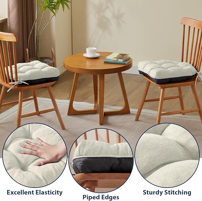 IASEAHK Chair Cushions for Dining Chairs, Seat Cushions for Kitchen Chairs, Indoor Seat Cushions with Ties, Tufted Foam Chair Pads, Non Slip Chair Cushions Set of 4, 15.5" x 15.5" x 4", Beige