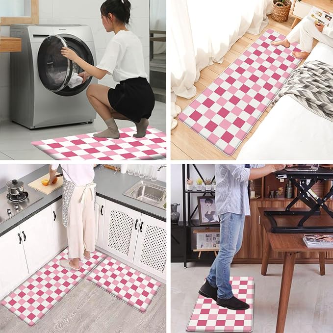 Bulijojo Pink Plaid Anti Fatigue Kitchen Floor Mats Set of 2 Waterproof Kitchen Sink Runner Rug Standing Mat Cushioned Kitchen Rugs Comfort Doormat 17"x47"+17" x30“