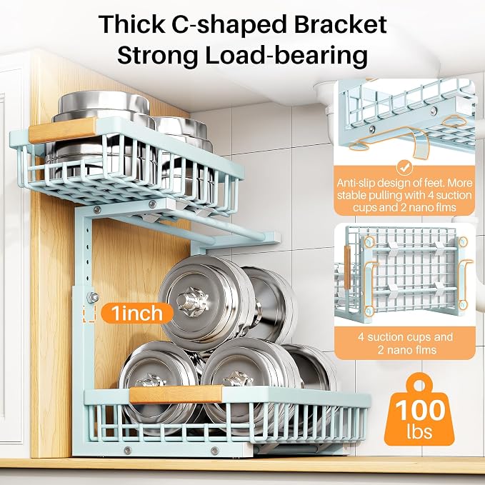 PXRACK Under Sink Organizer, Adjustable Height, 2 Tier Pull Out Under Cabinet Organizer, Slide Out Thickened Metal Under Sink Storage for Kitchen Bathroom Laundry Pantry Cabinet, Blue, Large-2-Pack