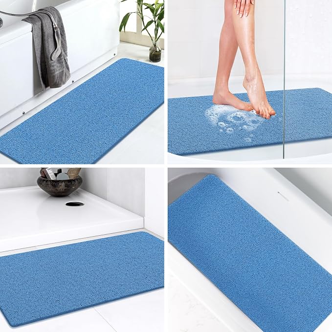 LuxStep Shower Mat Bathtub Mat,36x16 inch, Non-Slip Bath Mat with Drain, Quick Drying PVC Loofah Bathmat for Tub,Shower,Bathroom (Lake Blue)