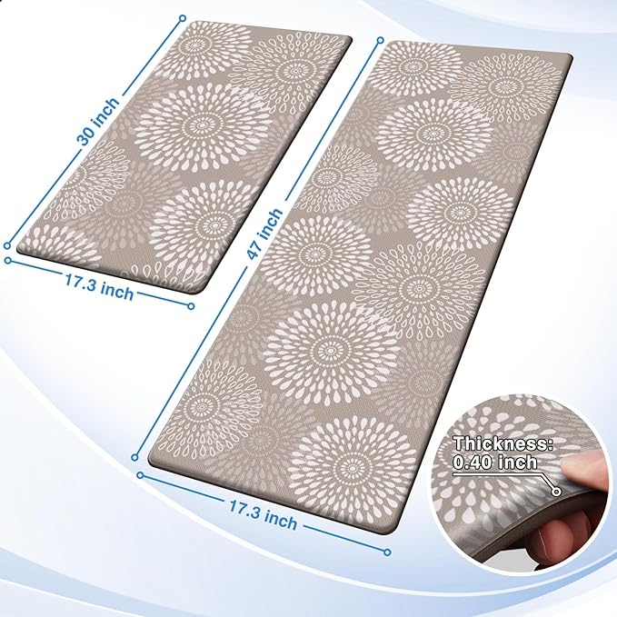LuxStep Kitchen Mats for Floor,Cushioned Rug Anti-Fatigue Mats for Kitchen Decor Accessories,Waterproof Non-Slip Mats and Rugs Set for Office,Floor,Laundry 17.3"×30"+17.3"×47",Khaki