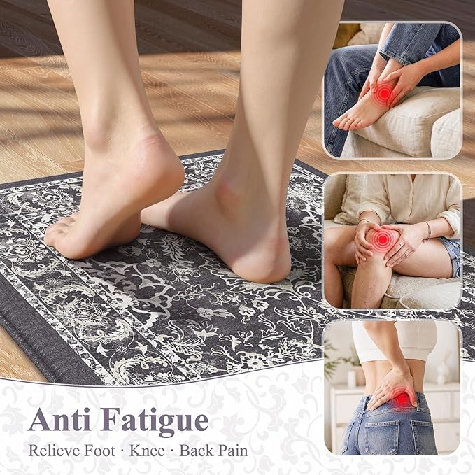 KIMODE Comfort Kitchen Mats for Floor Cushioned Anti Fatigue 2 Piece,Boho Floral Kitchen Rugs Non Slip,Waterproof Memory Foam Kitchen Mat Carpet for Laundry Office Home,Dark Grey 17"x29.5"+17" x47”