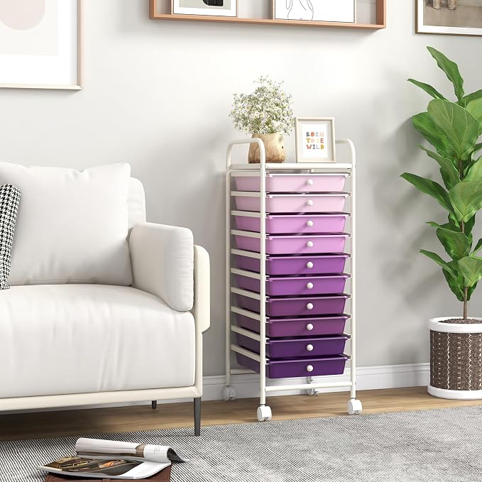 10-Drawer Rolling Storage Cart, Trolley w/Lockable 360° Wheels, 10 Removable PP Drawers, Sturdy Metal Frame, Rolling Utility Cart Perfect for Home, Office, Classroom (Gradient Purple)