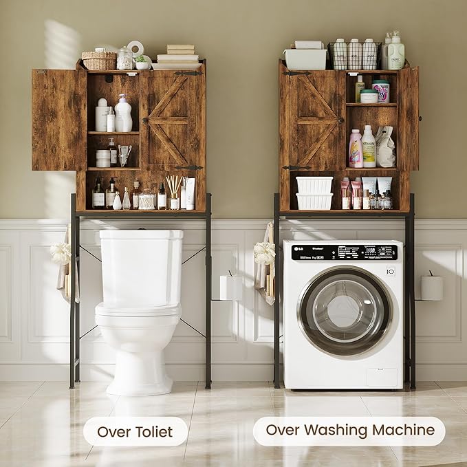 Memobarco Over The Toilet Storage Cabinet, Over Toilet Organizer with 2-Door & Metal Stand, Bathroom Organizers and Storage with Adjustable Shelves for Bathroom, Restroom, Laundry, Rustic Brown