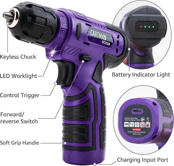 CARTMAN 150-Piece Household Tool Set, 8V Cordless Drill Driver Kit, Complete Hand Tool Kit for Home Maintenance, DIY Projects and Repairs, Purple
