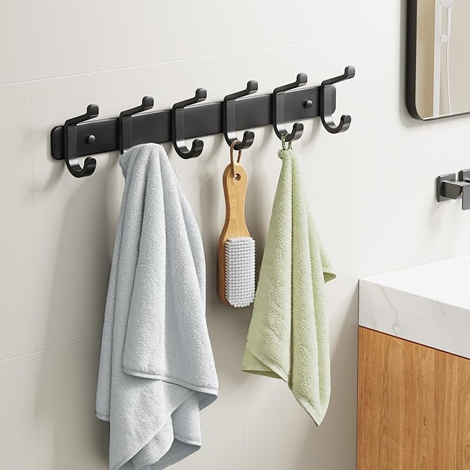 pickpiff Coat Rack Wall Mounted Heavy-Duty: Metal Coat Hanger 6 Hooks for Hanging Hat, Clothes, Robe, Keys, Backpack, Bathroom Towels, Jacket, Purse - Closet, Door, Entryway, Mudroom (Black, 2 Pack)