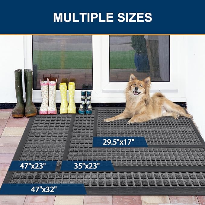 Smiry Front Door Mat Outside Entrance, Heavy Duty Natural Rubber Doormat, Non Slip, Trap Dirt and Moisture, Easy Clean, Low Profile Welcome Floor Mats for Indoor Outdoor Entry, 47x23 Inch, Grey