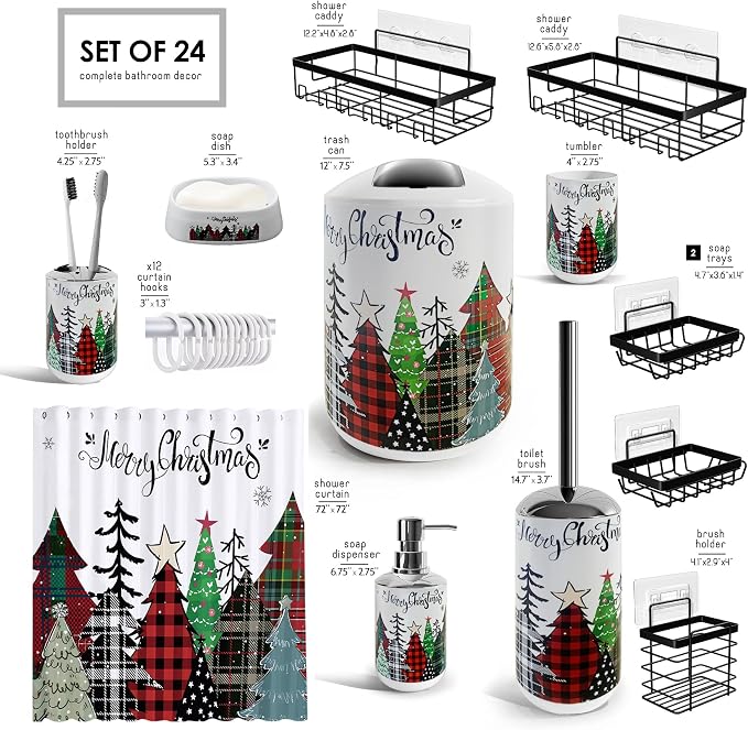 Clara Clark Bathroom Accessories Set - Christmas Bathroom Set with Adhesive Corner Shower Caddy Hanging, 24PC Bathroom Accessory Set, Christmas Shower Curtain Set with Toilet Brush and Trash Can