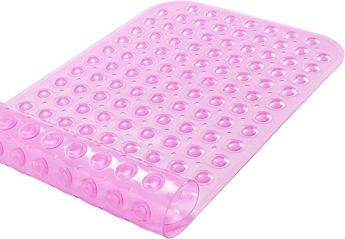 Large Non-Slip Bathtub & Shower Mat 31”x16” (Smooth/Non-Textured Tubs Only) Safe, Clean, Machine-Washable, Superior Grip&Drainage, Vinyl, Transparent Pink