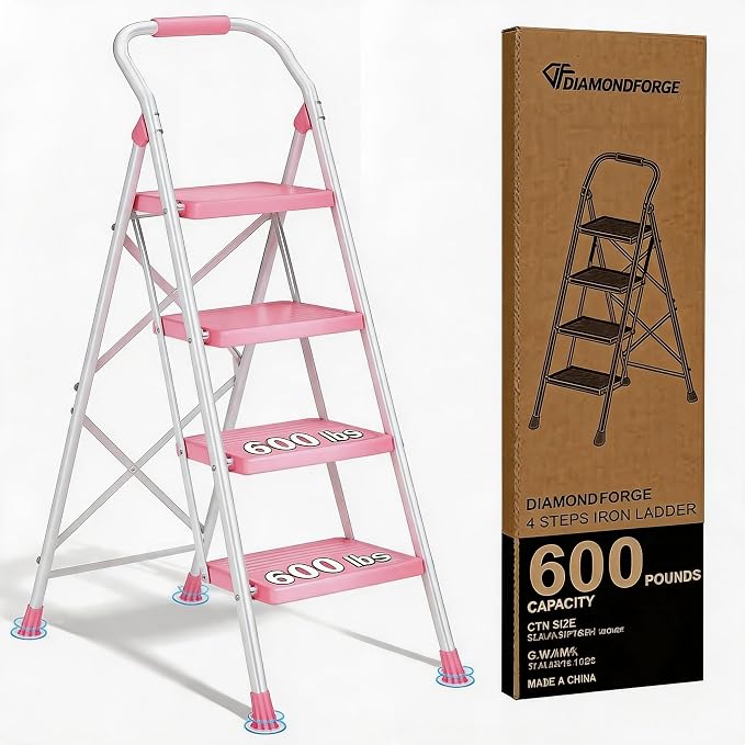 Step Ladder Foldable Folding Stool - for Home Adults Kitchen 4 Stepping Extension Tall Heavy Duty with Handrails - Closet Stepstool Stair Ladders Extendable Stepladder for Indoor House 600Lbs